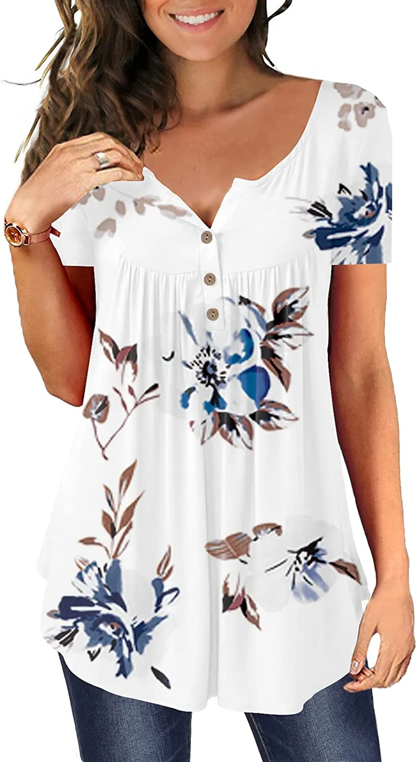 Women's Floral Tunic Tops Casual Blouse V Neck Short Sleeve blouse