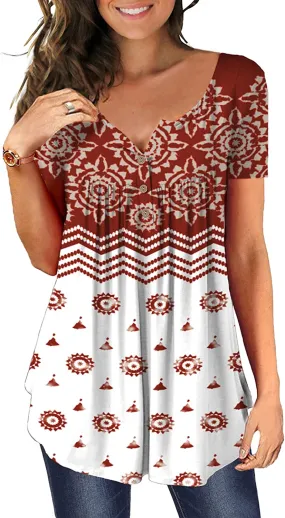 Women's Floral Tunic Tops Casual Blouse V Neck Short Sleeve blouse