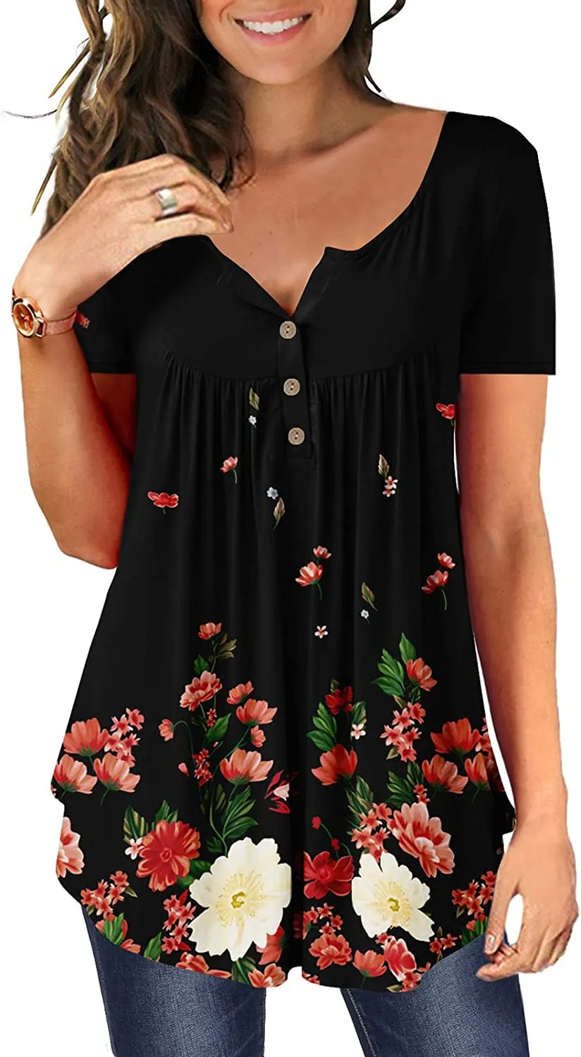 Women's Floral Tunic Tops Casual Blouse V Neck Short Sleeve blouse