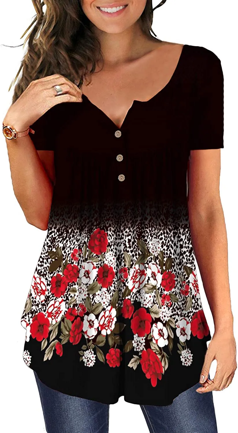 Women's Floral Tunic Tops Casual Blouse V Neck Short Sleeve blouse