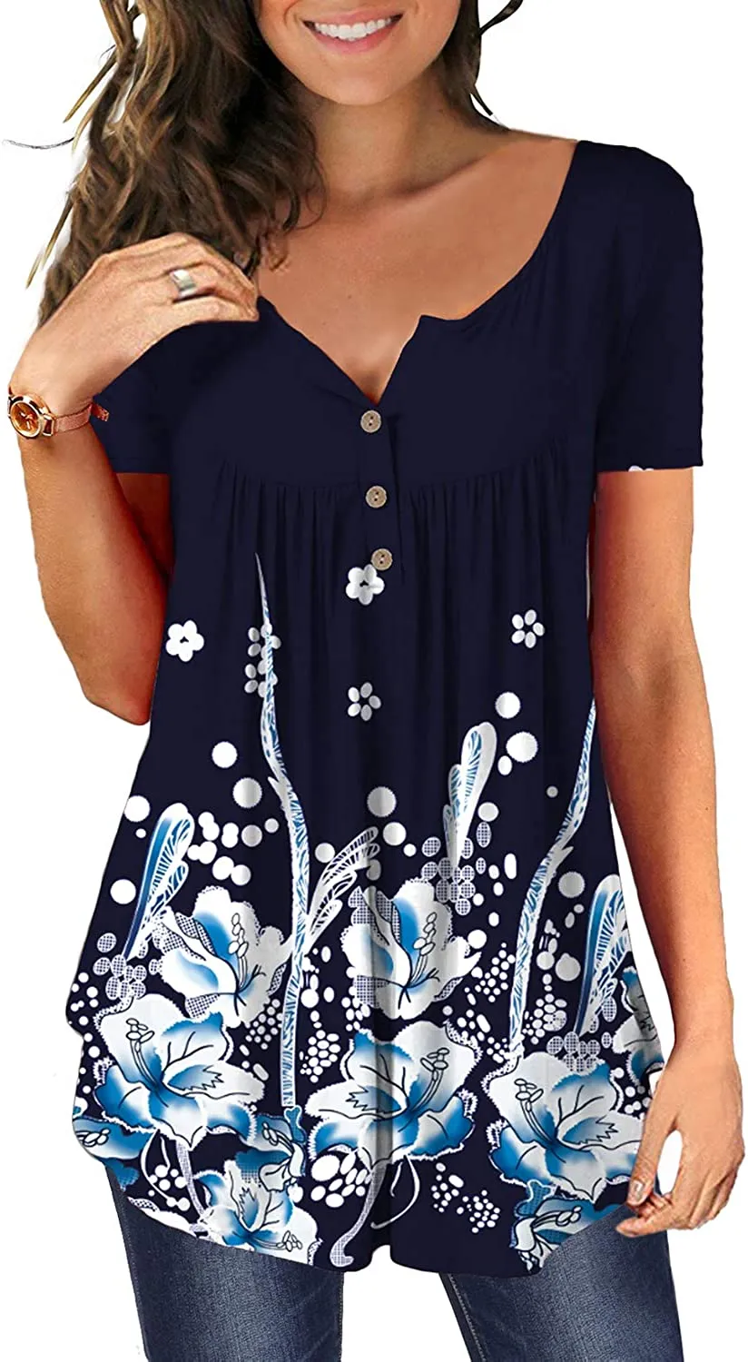 Women's Floral Tunic Tops Casual Blouse V Neck Short Sleeve blouse