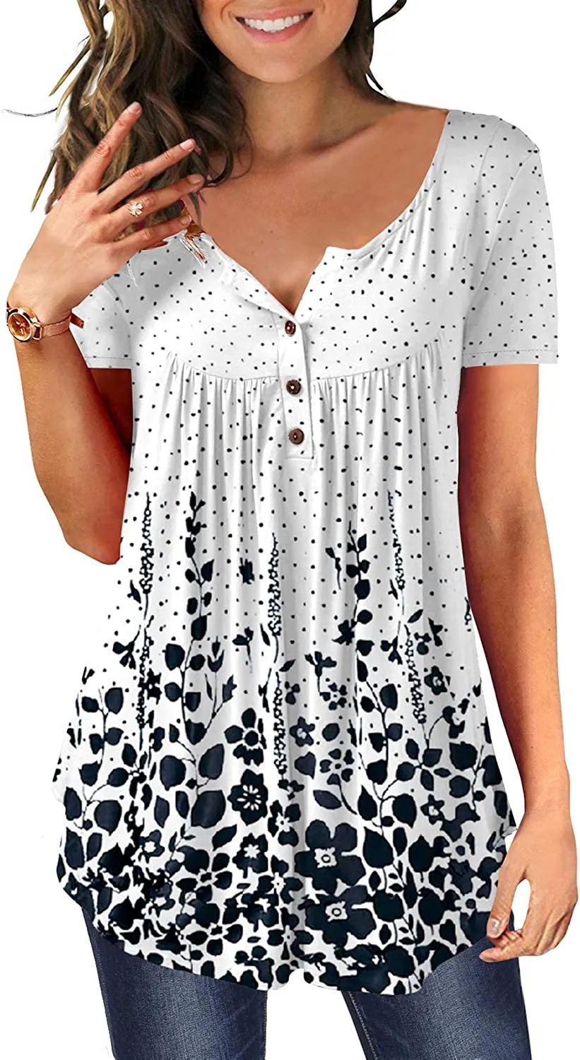 Women's Floral Tunic Tops Casual Blouse V Neck Short Sleeve blouse