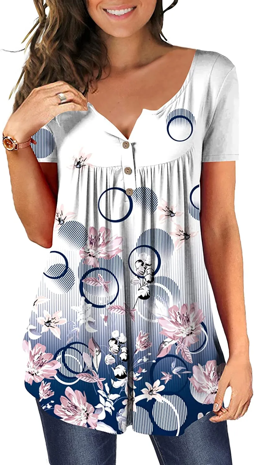 Women's Floral Tunic Tops Casual Blouse V Neck Short Sleeve blouse