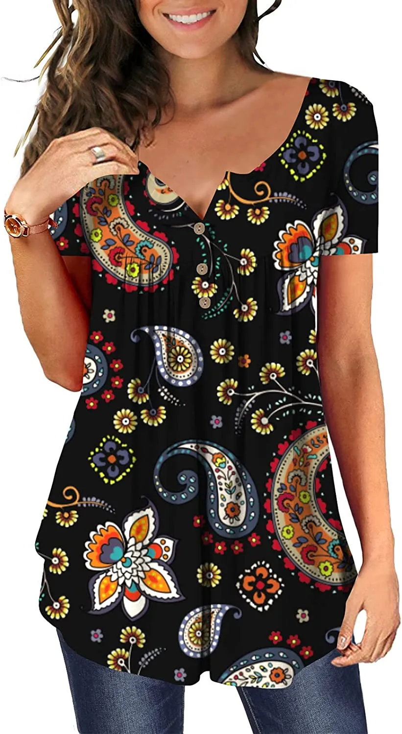 Women's Floral Tunic Tops Casual Blouse V Neck Short Sleeve blouse