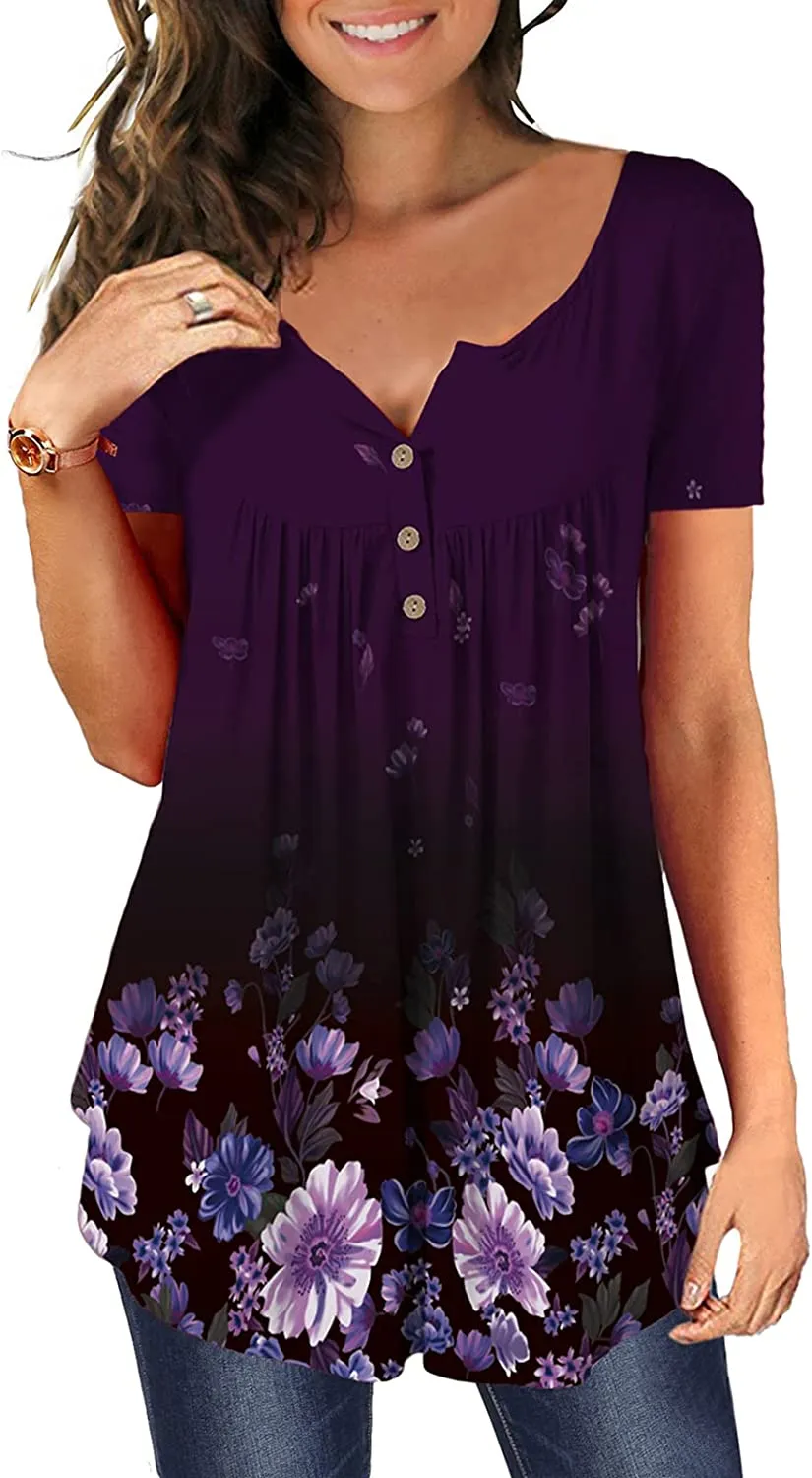 Women's Floral Tunic Tops Casual Blouse V Neck Short Sleeve blouse