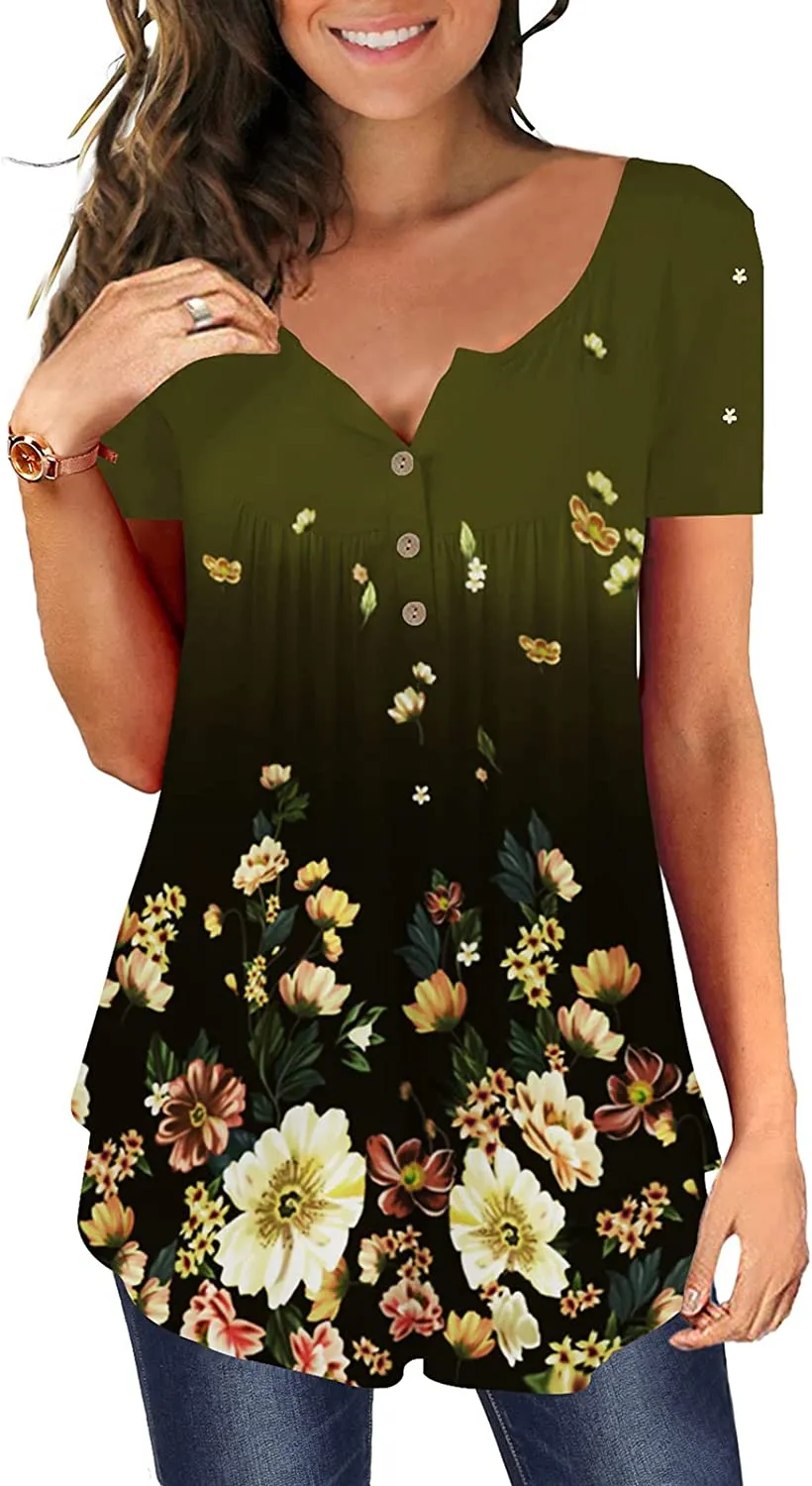 Women's Floral Tunic Tops Casual Blouse V Neck Short Sleeve blouse