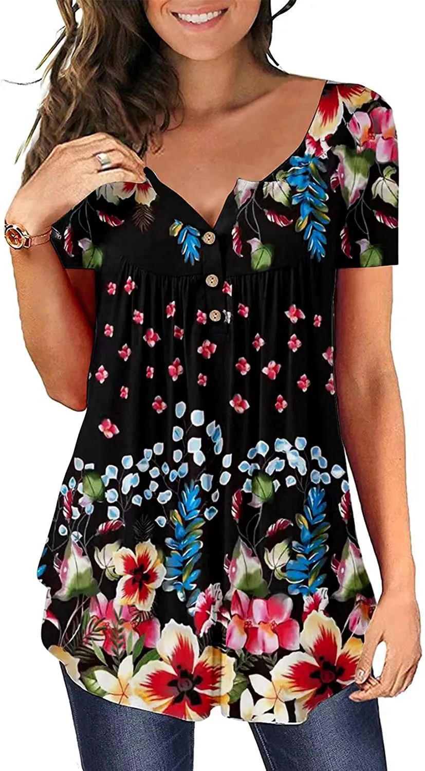 Women's Floral Tunic Tops Casual Blouse V Neck Short Sleeve blouse