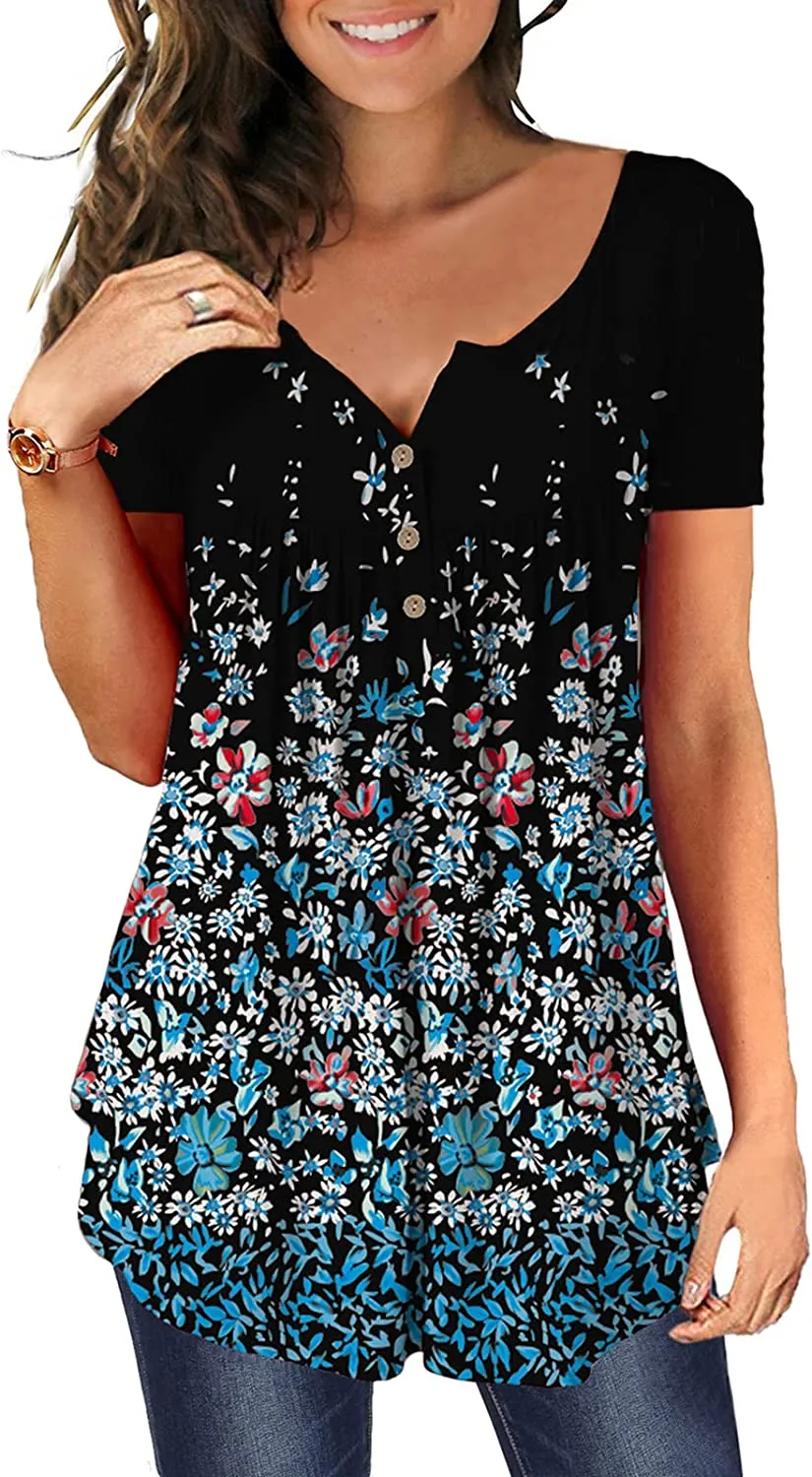 Women's Floral Tunic Tops Casual Blouse V Neck Short Sleeve blouse