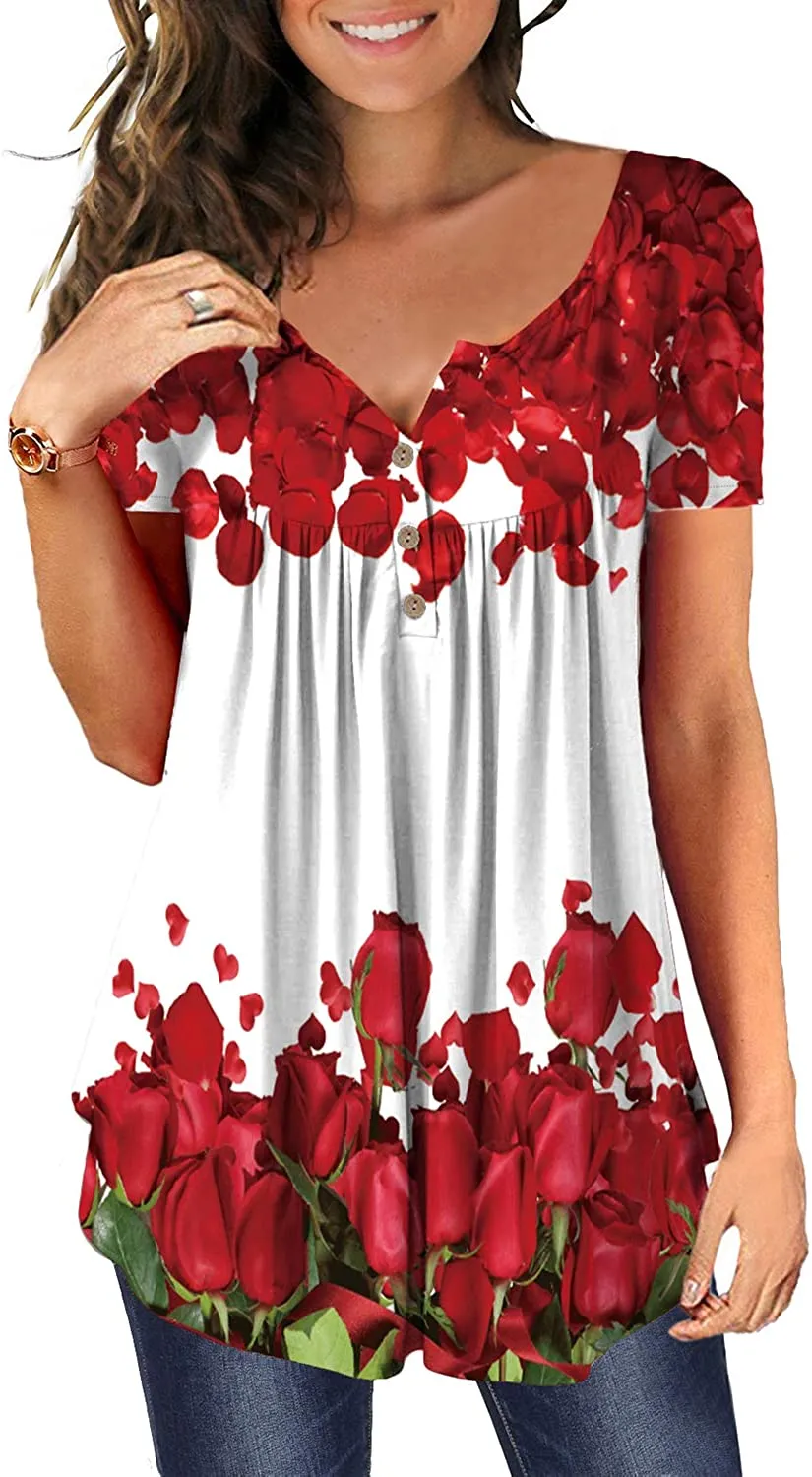 Women's Floral Tunic Tops Casual Blouse V Neck Short Sleeve blouse