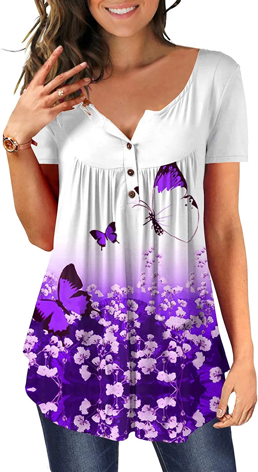 Women's Floral Tunic Tops Casual Blouse V Neck Short Sleeve blouse