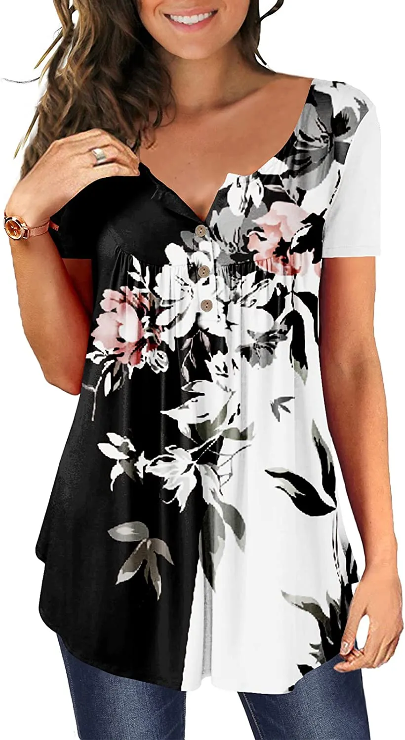 Women's Floral Tunic Tops Casual Blouse V Neck Short Sleeve blouse