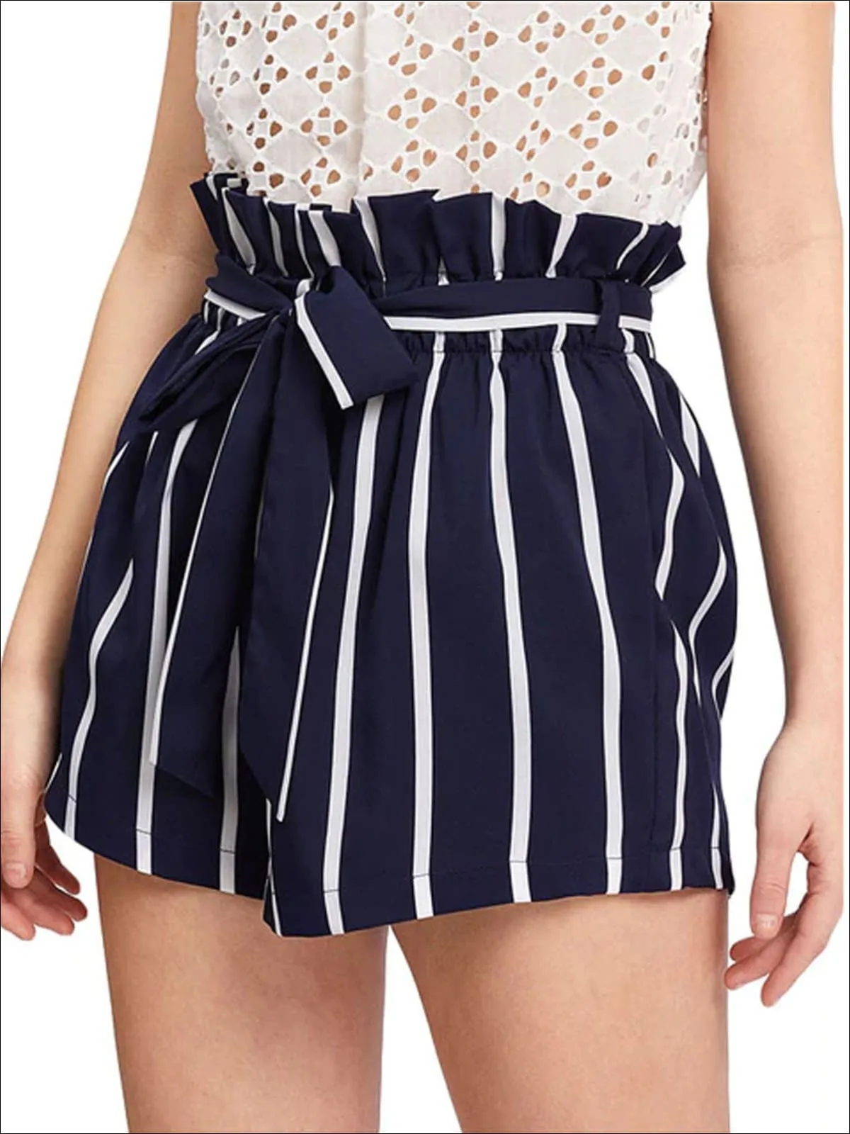 Women's Striped Frill Trim Waist Casual Belted Shorts