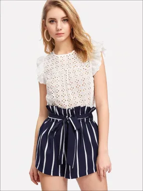 Women's Striped Frill Trim Waist Casual Belted Shorts