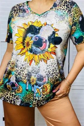 XCH12430 Sunflower & cow and leopard multi color  printed short sleeve women tops