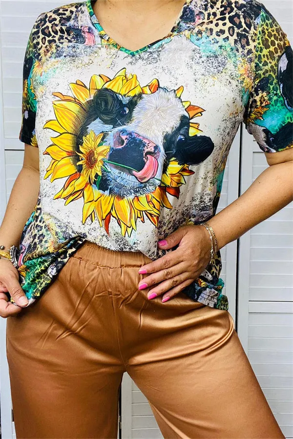 XCH12430 Sunflower & cow and leopard multi color  printed short sleeve women tops