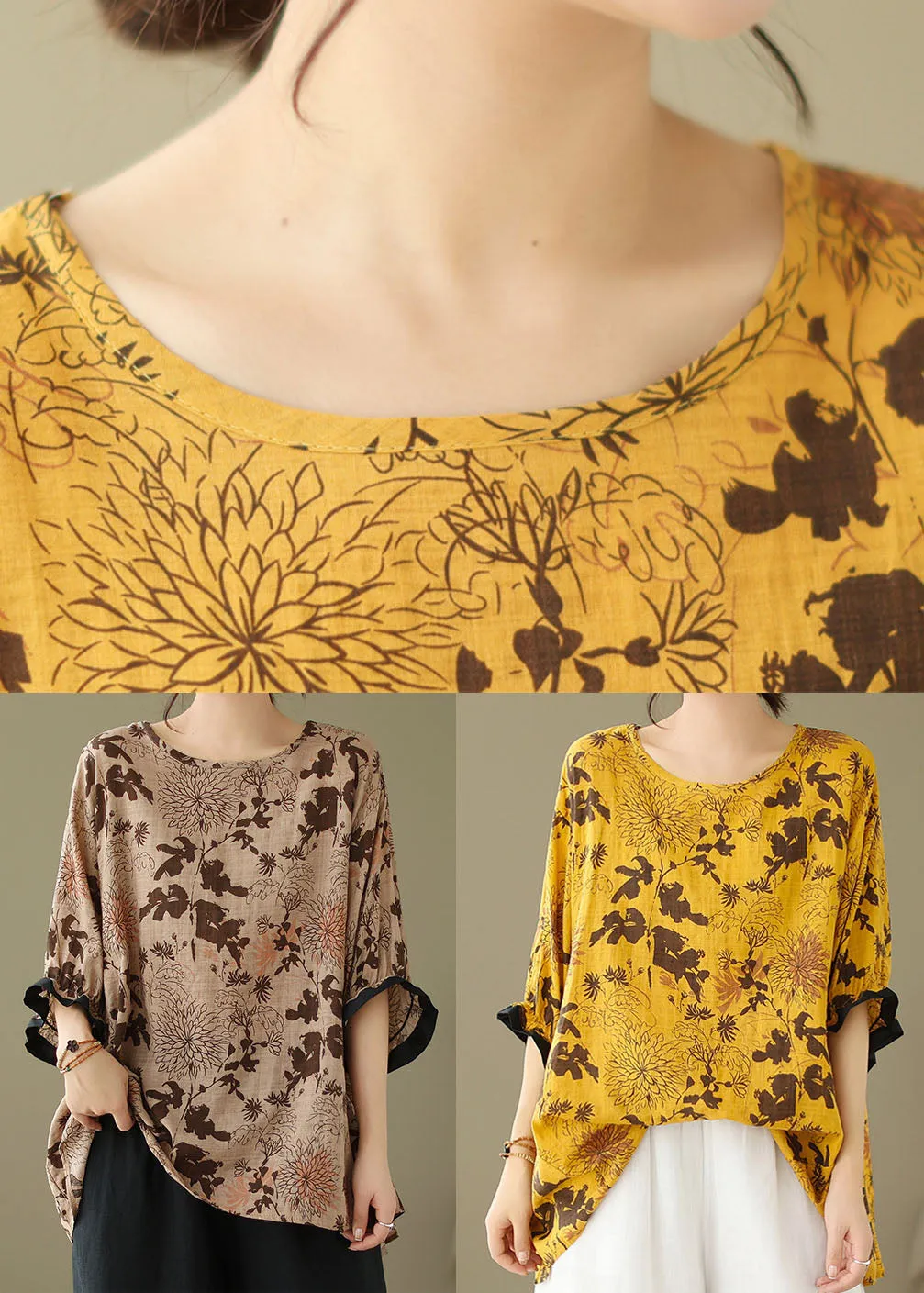 Yellow Print Patchwork Cotton Loose Tops O Neck Summer