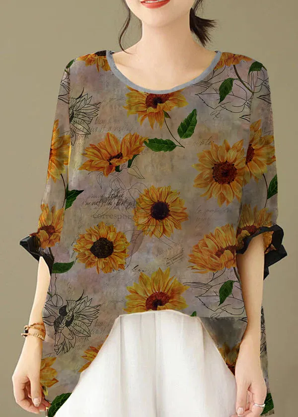 Yellow Print Patchwork Cotton Loose Tops O Neck Summer