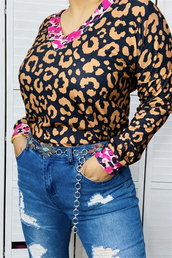 YMY13849 Leopard pink multi color in neckline/cuff/bottom brown leopard printed in the body long sleeve women tops